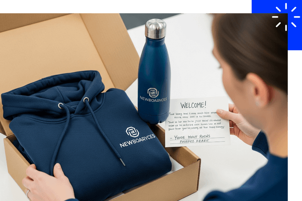 A person carefully packing a new employee welcome kit containing a branded hoodie and water bottle. A person carefully packing a new employee welcome kit containing a branded hoodie and water bottle.