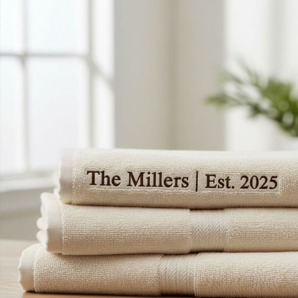 A stack of plush cream-colored towels with custom embroidery 