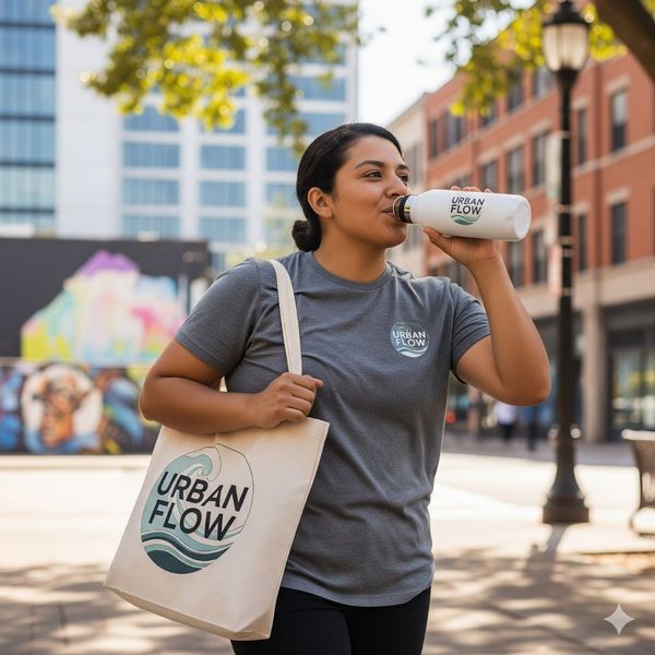 woman using branded water bottle and bag