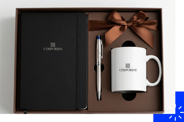 An elegant corporate gift box with a branded notebook, engraved pen, and custom mug. An elegant corporate gift box with a branded notebook, engraved pen, and custom mug.