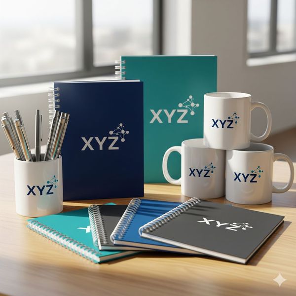 branded notebooks and coffee mugs