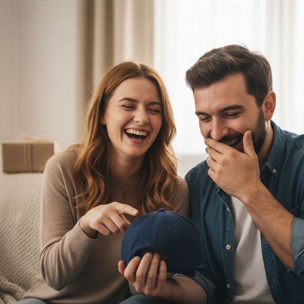 couple laughing at a hat that has an inside joke written on it