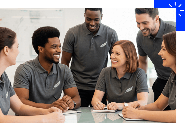 A diverse team in a modern office wearing matching polo shirts with a subtle company logo. A diverse team in a modern office wearing matching polo shirts with a subtle company logo.