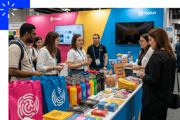 A trade show booth table filled with branded promotional items like tote bags and water bottles. A trade show booth table filled with branded promotional items like tote bags and water bottles.