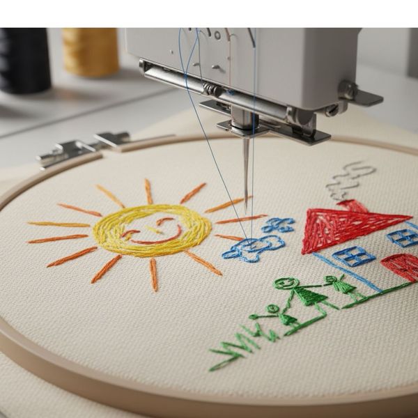A close-up of a custom embroidered tote bag featuring a colorful child's drawing