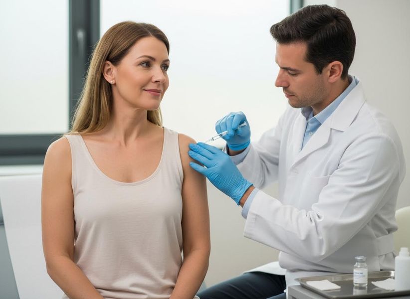 A male healthcare professional, wearing blue gloves and a white lab coat, injects a vaccine into a smiling woman's upper arm. Doctor Administering Injection to Female Patient's Arm