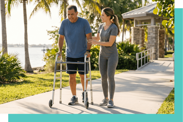 a man in physical rehab doing outdoor activity