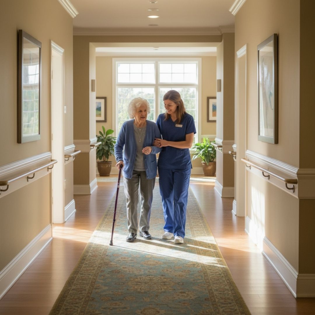 Well-lit hallway with handrails, resident walking with assistance from a caregiver