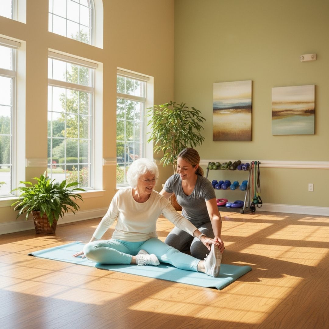 Resident doing gentle stretching with a caregiver