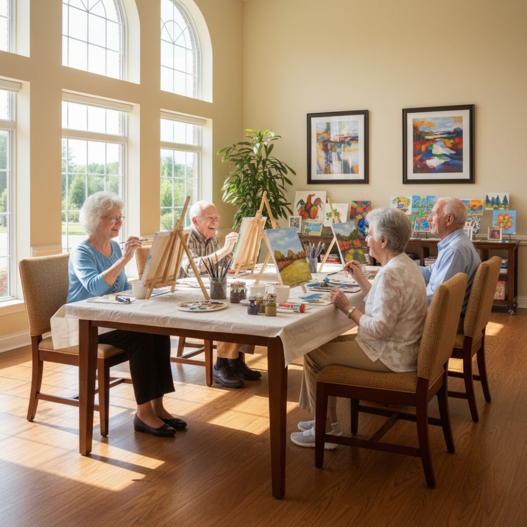 Group of seniors participating in indoor activities like painting