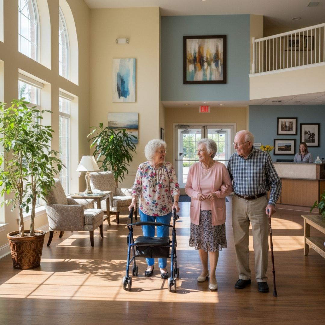 Bright common room filled with sunlight, residents laughing together at a table