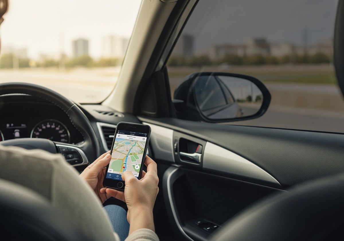 Driver using navigation app on smartphone while driving