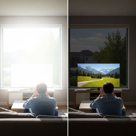 a split-screen image showing a person trying to watch a TV with and without window tint