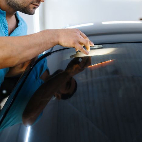 Man applying auto window tint to rear window