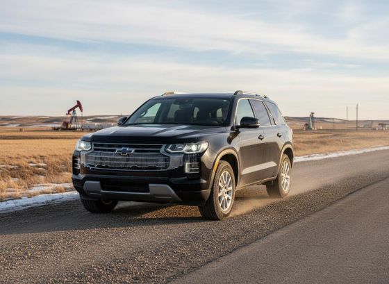 Black Chevrolet SUV on Rural Road with Oil Pumpjack