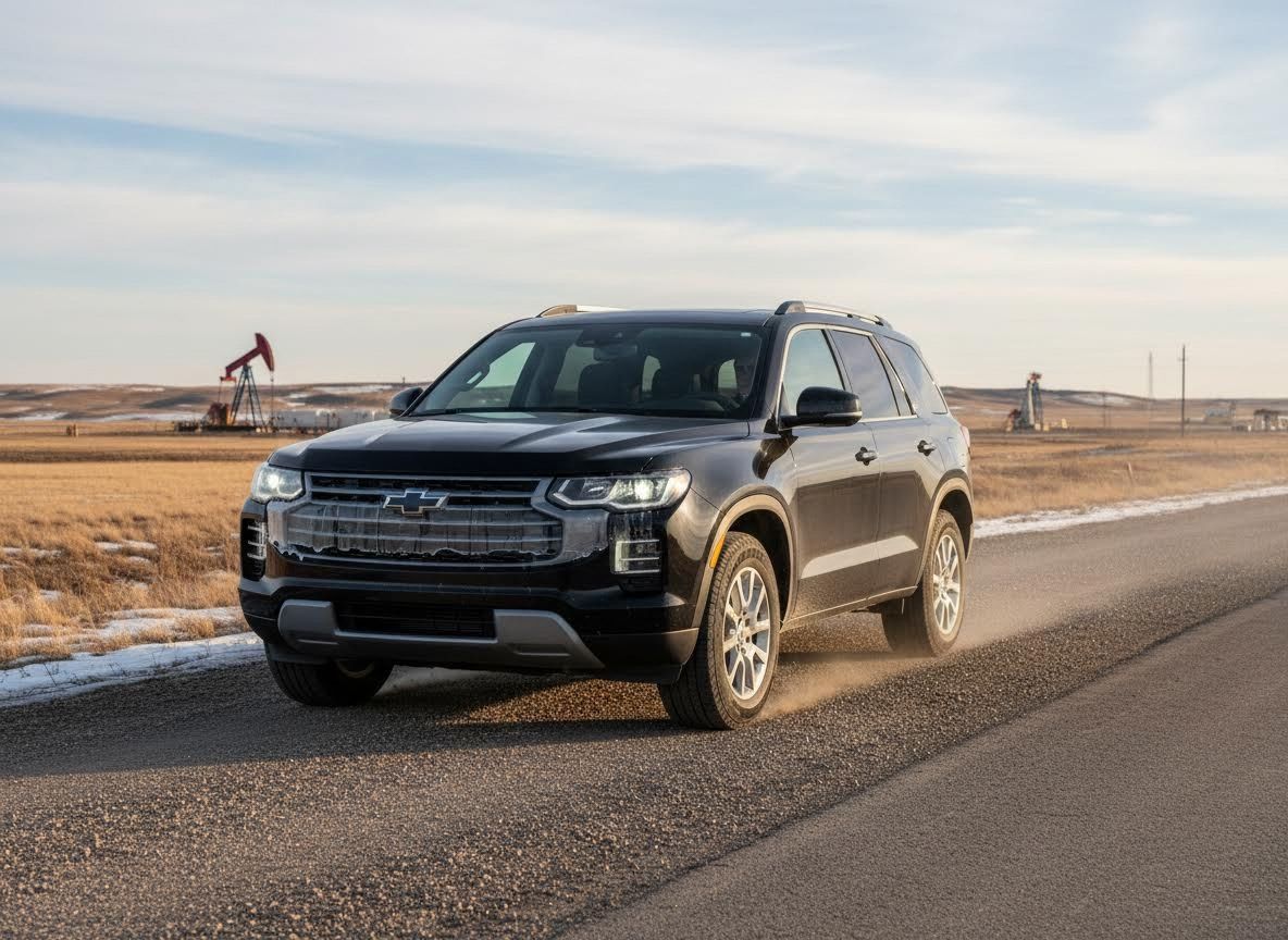 Black Chevrolet SUV on Rural Road with Oil Pumpjack