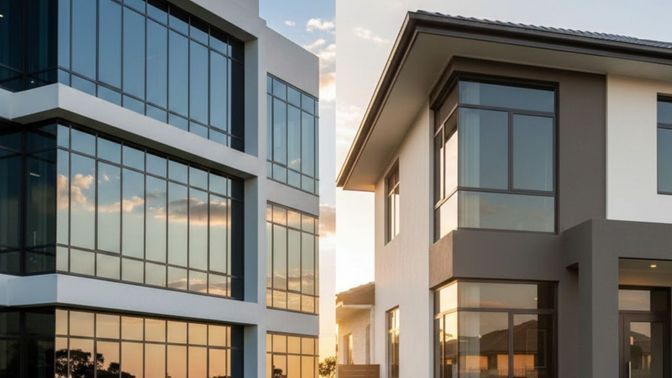 A side-by-side comparison of a modern commercial office building and a contemporary residential home featuring sleek, tinted glass windows.