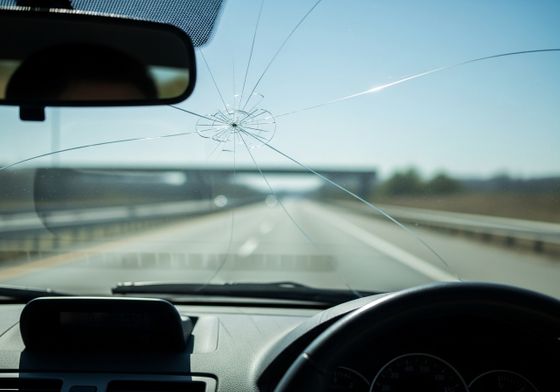Cracked Windshield View on Highway