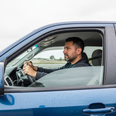 man driving during rainstorm with window down