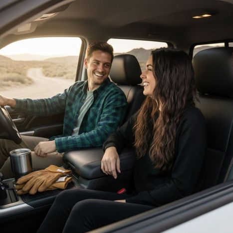 A happy man and woman enjoying a comfortable drive in a truck with premium seat covers.