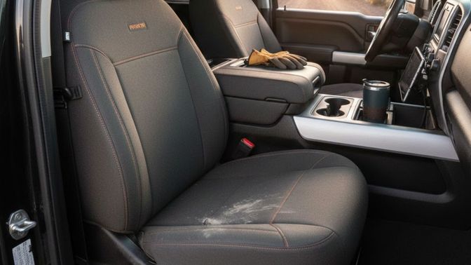 High-quality grey truck seat covers installed in a modern pickup truck interior at sunset.