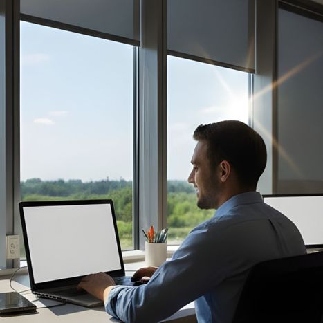 A commercial employee near a tinted window, working glare-free.