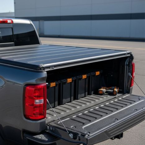 Close-up of a truck bed with a sleek retractable tonneau cover Close-up of a truck bed with a sleek retractable tonneau cover