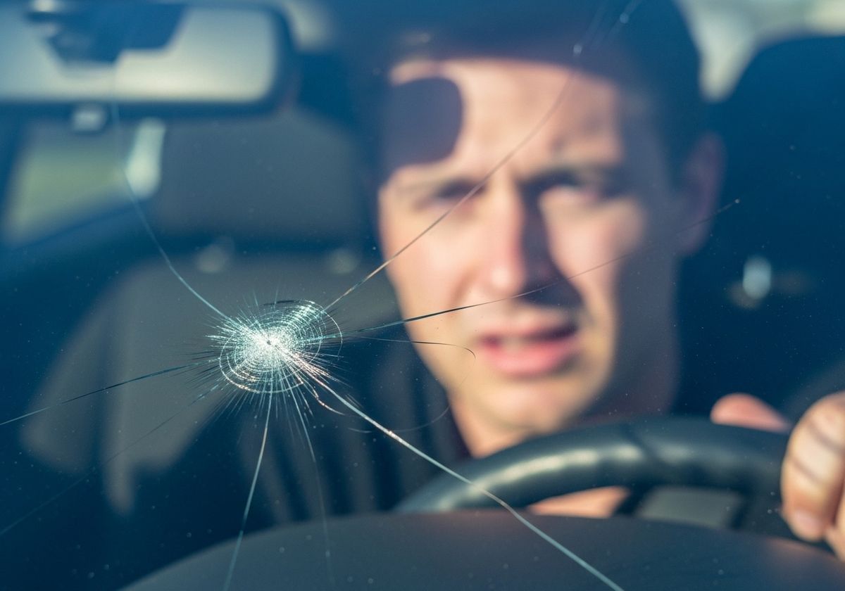 Cracked Windshield View of Driver