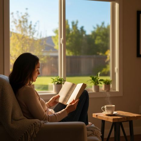 Bright living room with clear view outside through tinted window Bright living room with clear view outside through tinted window