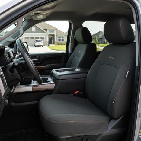 A clean, professional truck interior featuring custom-fit charcoal seat covers parked in a residential driveway.