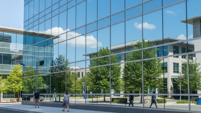 Exterior view of building with reflective window film