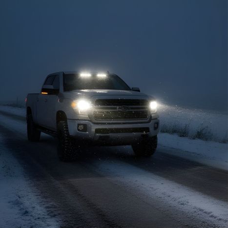 Truck with upgraded LED lighting, at night.