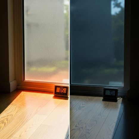 a split-screen image demonstrating how window tint reduces heat from the sun, with a thermometer showing a cooler temperature on the tinted side