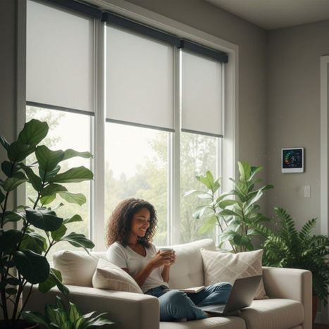 A woman sits comfortably in a bright living room with energy-efficient tinted windows that maintain a cool, glare-free environment.