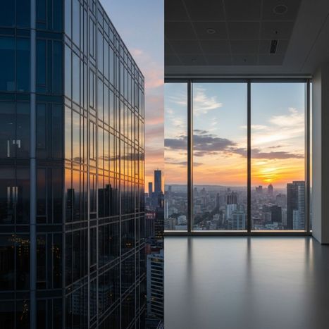 the exterior of a modern office building with reflective, tinted windows that provide privacy while still allowing a clear view from the inside