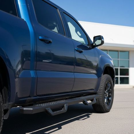 Side view of a pickup truck showcasing running boards Side view of a pickup truck showcasing running boards