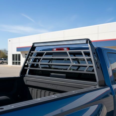 Rear view of a pickup truck with a sturdy black headache rack Rear view of a pickup truck with a sturdy black headache rack