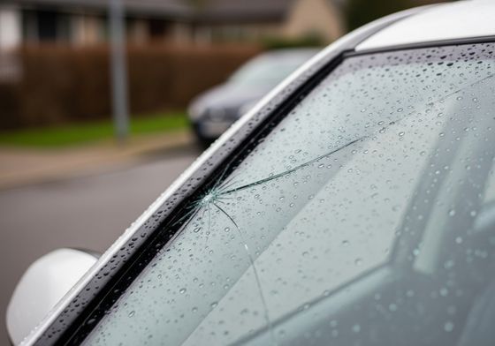 Cracked car windshield on a rainy day