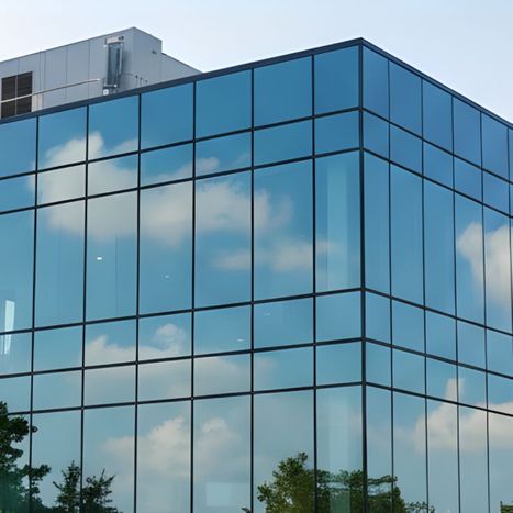 A commercial building with tinted windows.