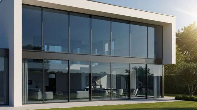 a modern home with large, tinted windows reflecting the bright sun