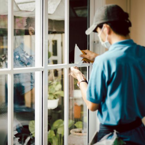 Technician installing window tint in a home