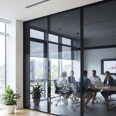 A professional team conducts a meeting in a modern office featuring large glass partitions treated with high-quality commercial window tint.
