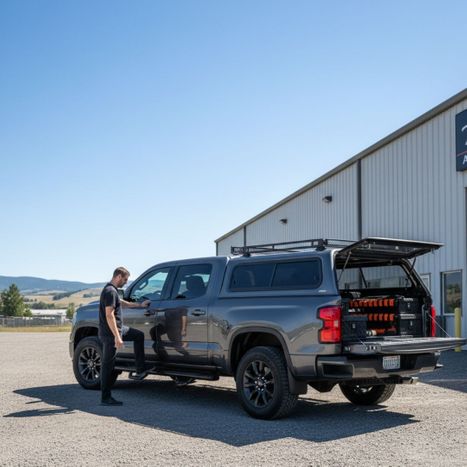 Modern pickup truck with various accessories parked outdoors Modern pickup truck with various accessories parked outdoors