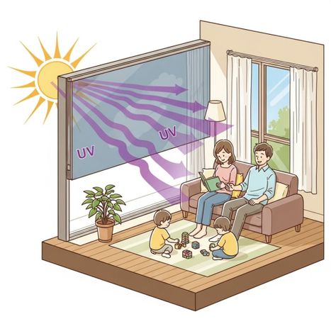 an illustration showing harmful UV rays bouncing off a tinted window, protecting a family relaxing inside their home