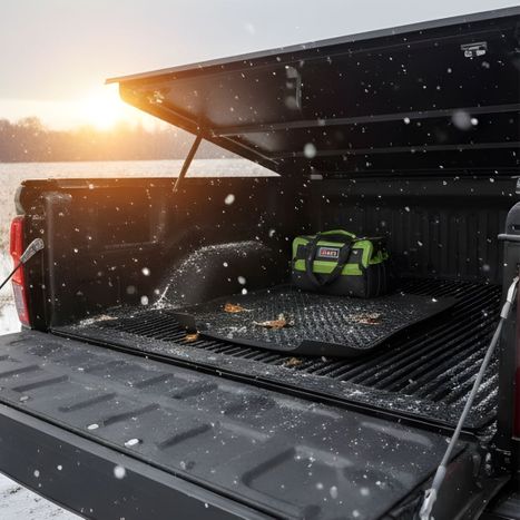 Truck with bed cover in the snow.