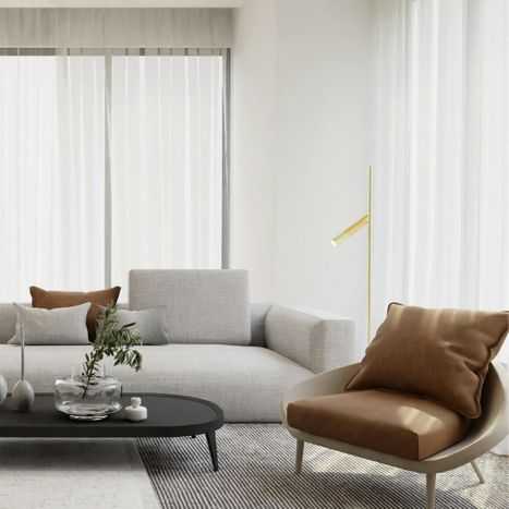 A modern, brightly lit living room.