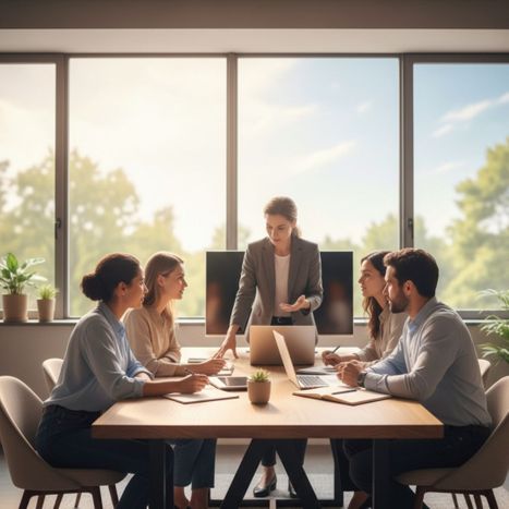 employees working comfortably by a sunlit office window employees working comfortably by a sunlit office window