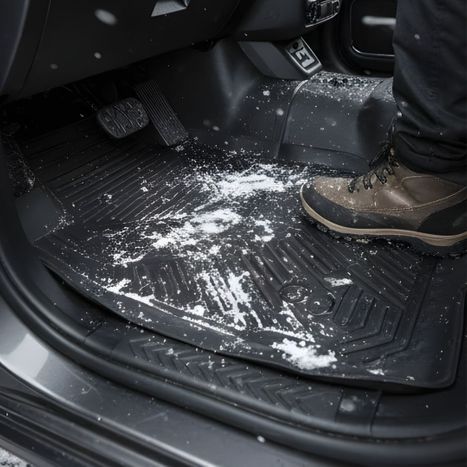 All-weather floor mats with snow, protecting a truck's interior floor.