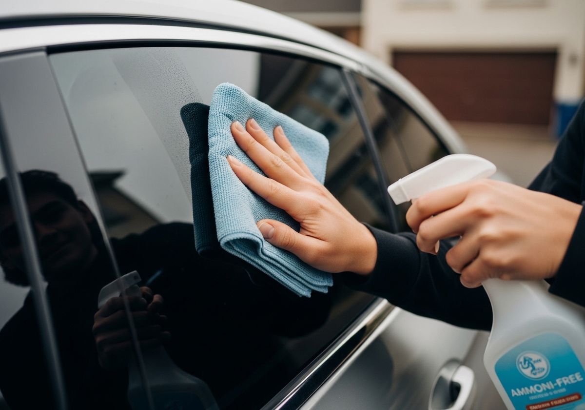 Cleaning Car Window with Microfiber Cloth and Spray