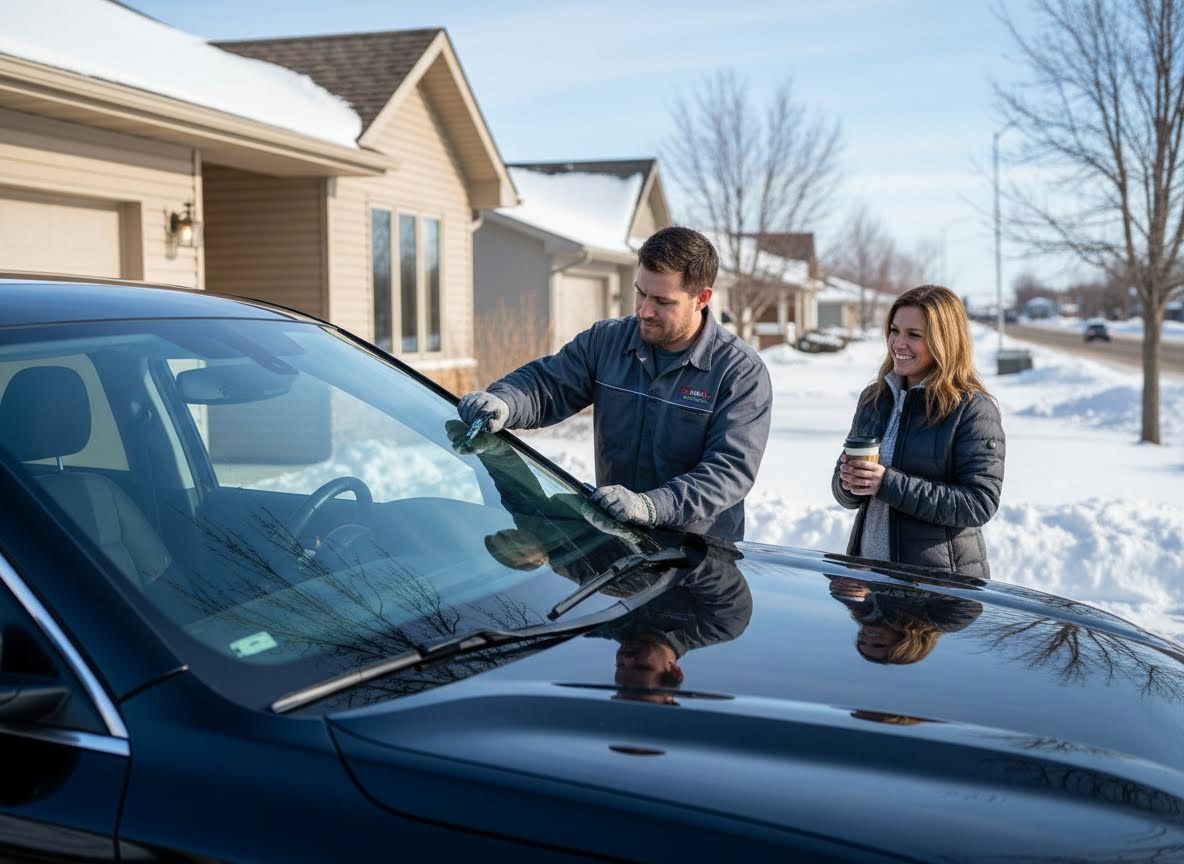 Technician cleaning car windshield for customer in winter